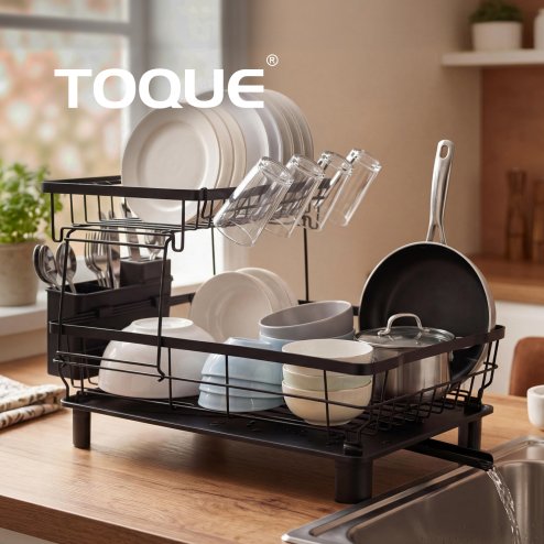 Toque 2 Tier Dish Drainer Rack Drip Tray Cutlery Holder Plate Rack Kitchen Sink