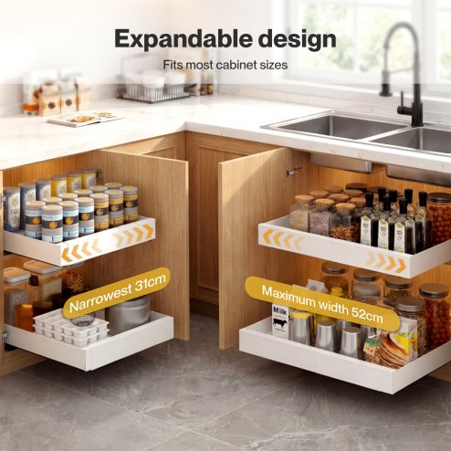 Toque Pull Out Cabinet Organizer Adhesive 2 Pcs Expandable White Storage Drawers