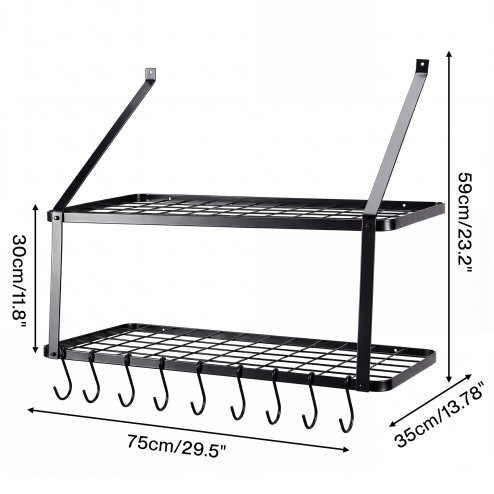 Toque Pot Pan Rack Wall Mounted Kitchen Shelf 2 Tier Storage Rack Metal 10 Hooks