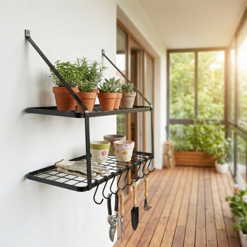Toque Pot Pan Rack Wall Mounted Kitchen Shelf 2 Tier Storage Rack Metal 10 Hooks