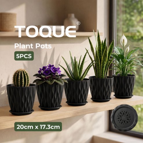 TOQUE Plant Pots,5Pc 20cm Plant Pots Indoor,Drainage,PP Plastic,Black