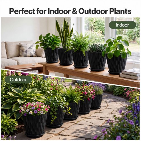 TOQUE Plant Pots,5Pc 20cm Plant Pots Indoor,Drainage,PP Plastic,Black