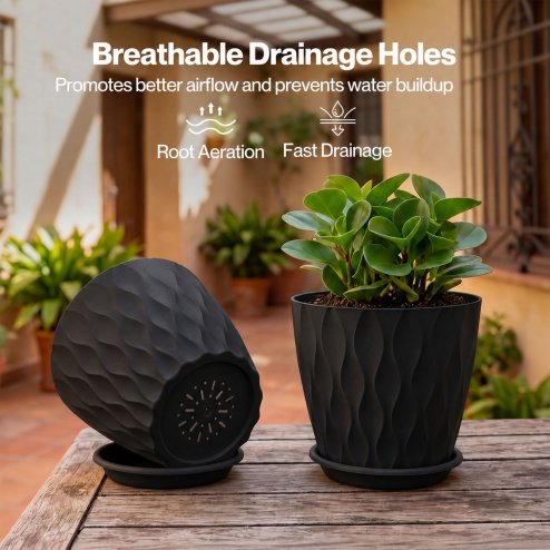 TOQUE Plant Pots,5Pc 20cm Plant Pots Indoor,Drainage,PP Plastic,Black