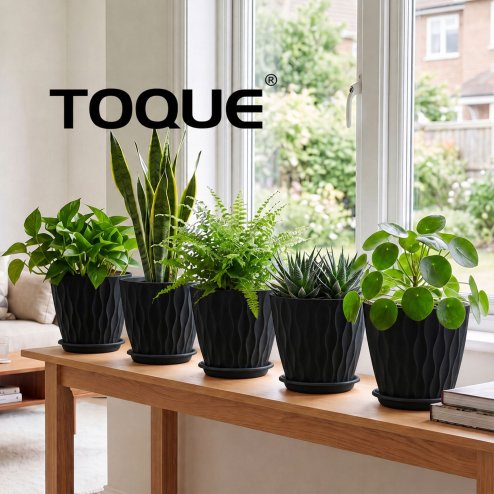 TOQUE Plant Pots,5Pc 20cm Plant Pots Indoor,Drainage,PP Plastic,Black