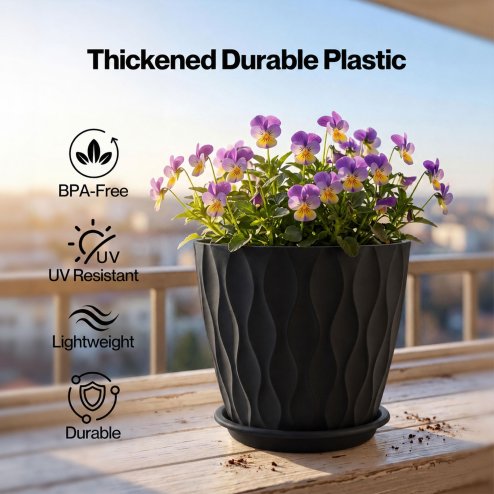TOQUE Plant Pots,5Pc 20cm Plant Pots Indoor,Drainage,PP Plastic,Black