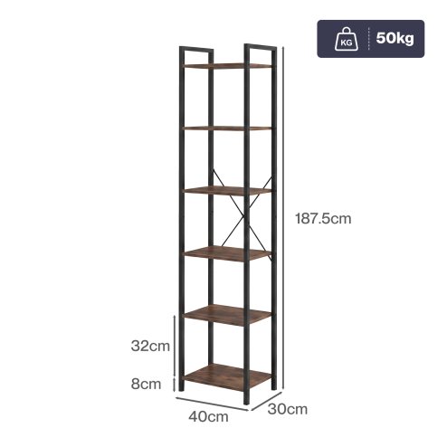 Levede Book Shelf 6-Tier Narrow Shelves Space-Saving Steel Bedroom Walnut Brown