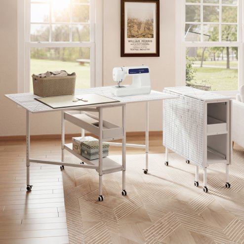 Levede Sewing Table Foldable Craft With Grid Adjustable Height Storage Black