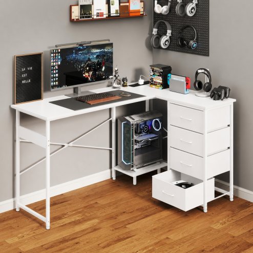 Levede Corner Desk L Shaped with Drawers Power Outlet Office Gaming Wood White