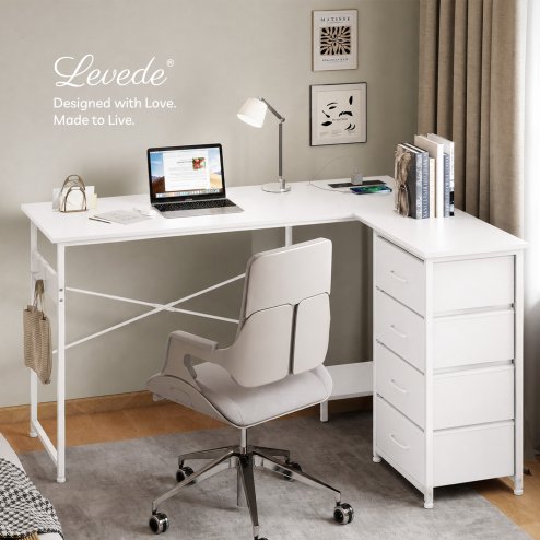 Levede Corner Desk L Shaped with Drawers Power Outlet Office Gaming Wood White