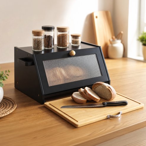 TOQUE Bread Box Wooden Bread Bin 2-Tier Bamboo Bread Storage Holder Black