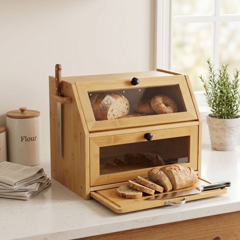 TOQUE 33L Bamboo Bread Bin with Cutting Board Bread Storage Box Natural