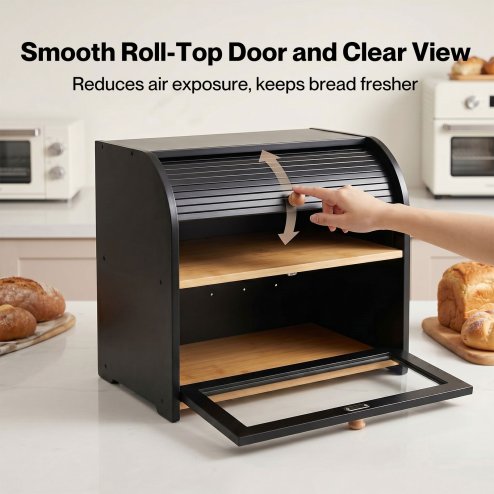 Bread Box 2-Tier Large Capacity Roll Top Black Bamboo Acrylic Door