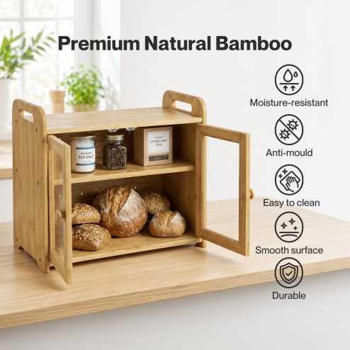 TOQUE Bread Box 20L 2-Tier Bamboo Bread Bin Storage Acrylic Door Natural