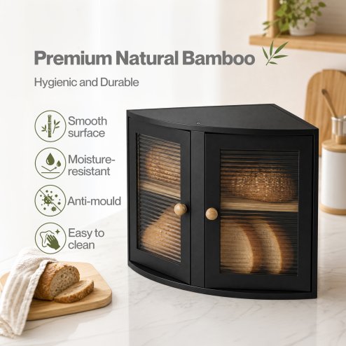 Bread Bin Corner Bread Bin for Kitchen Double-Layer Bamboo Box Black