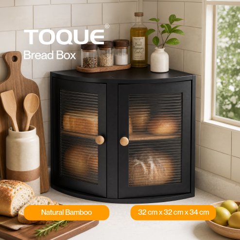 Bread Bin Corner Bread Bin for Kitchen Double-Layer Bamboo Box Black
