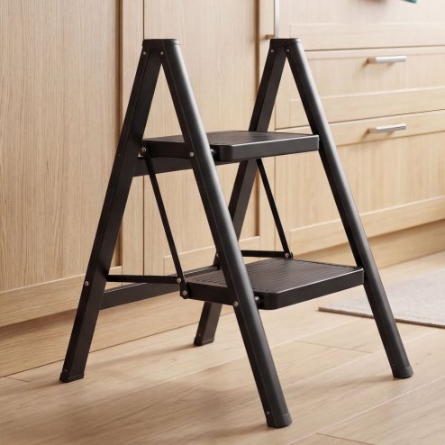 Traderight Small Step Ladder Foldable 150KG Carbon Steel Kitchen Steps Black