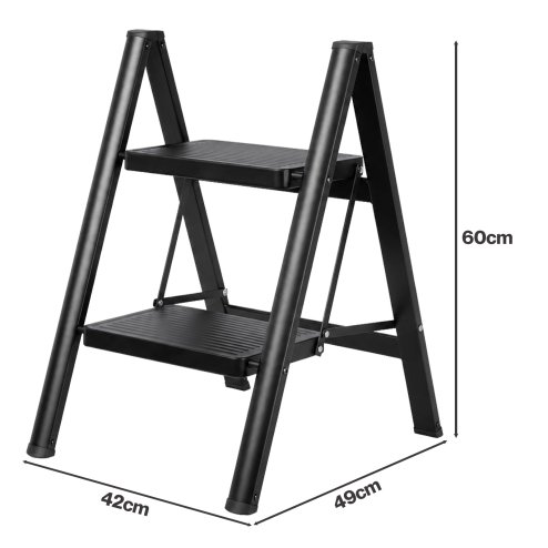 Traderight Small Step Ladder Foldable 150KG Carbon Steel Kitchen Steps Black