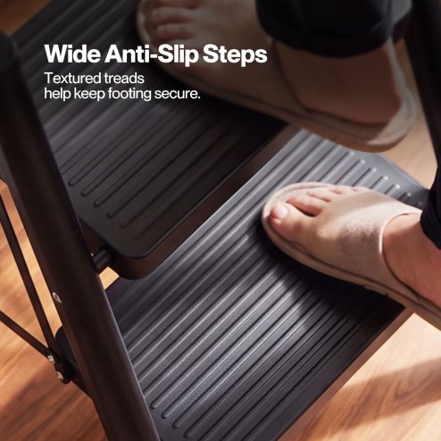 Traderight Small Step Ladder Foldable 150KG Carbon Steel Kitchen Steps Black