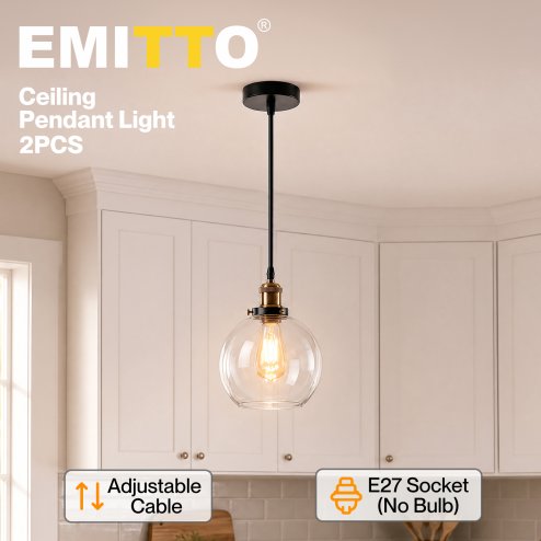 Emitto Ceiling Pendant Light Retro Industrial Glass LampShade Adjustable Cable
