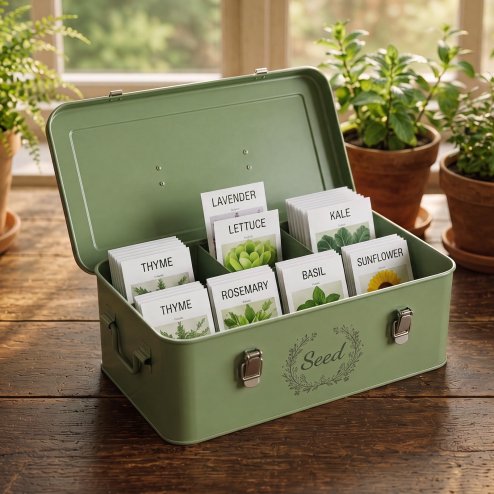 TOQUE Seed Box 4-Compartment Storage Box Metal Seed Organiser Dark Green