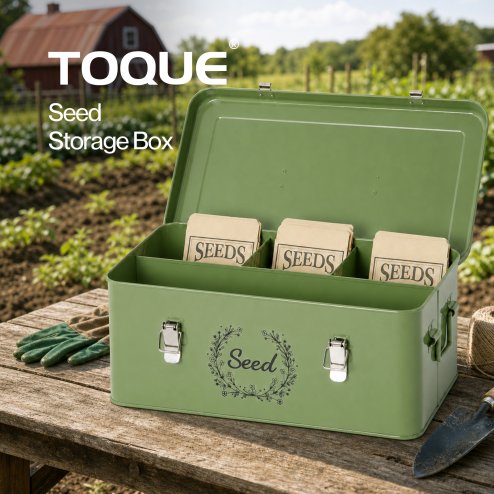 TOQUE Seed Box 4-Compartment Storage Box Metal Seed Organiser Dark Green