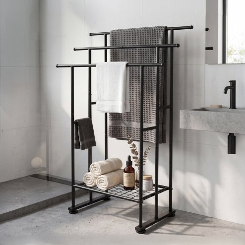 Levede Towel Rail Metal Rack With Basket 3-Tier Storage Anti-Slip Foot Black