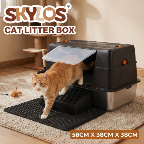 Skylos Cat Litter Box Enclosed Stainless Steel Litter Tray Hooded Covered Toilet