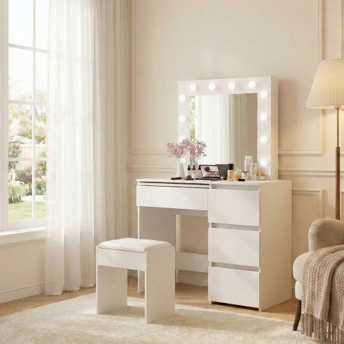 Levede Vanity Makeup Dressing Table White with Led Light Mirror Drawer PU Stool