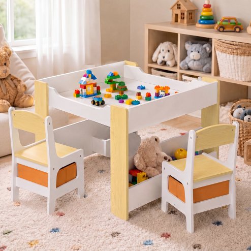 Dekko Kids Table and Chairs Set 2-in-1 Flip Top Storage Activity Play Study Grey