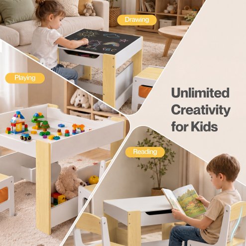 Dekko Kids Table and Chairs Set 2-in-1 Flip Top Storage Activity Play Study Grey