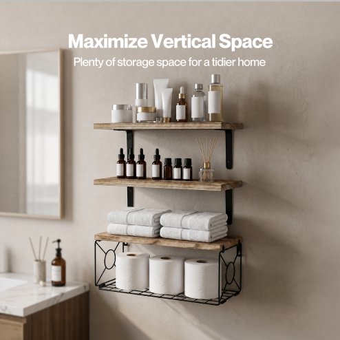 Levede Wood Floating Shelves 3 Tier Bathroom Wall Shelves with Storage Basket