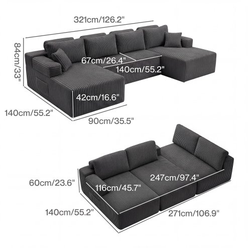 Levede Modular Sectional Sofa U Shaped Memory Foam Corduroy Boneless Couches