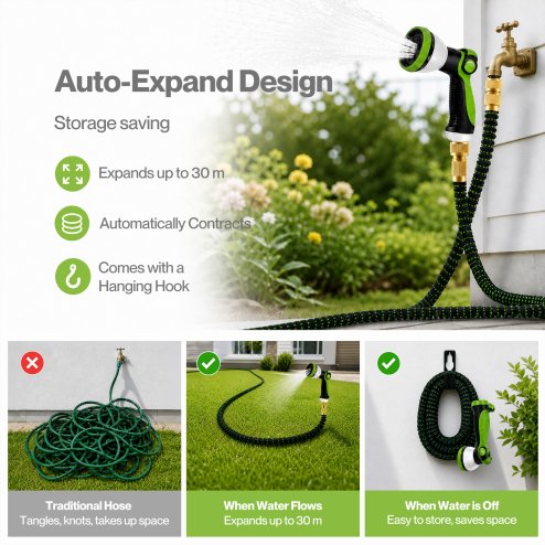 Traderight Expandable Garden Hose 10m to 30m 10-Pattern Nozzle Kink-Free Green