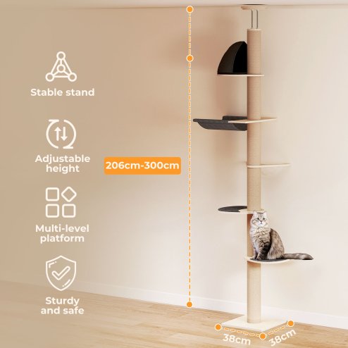 Skylos Floor to Ceiling Cat Tree Adjustable Height 206-300cm 6-Tier Cat Tower