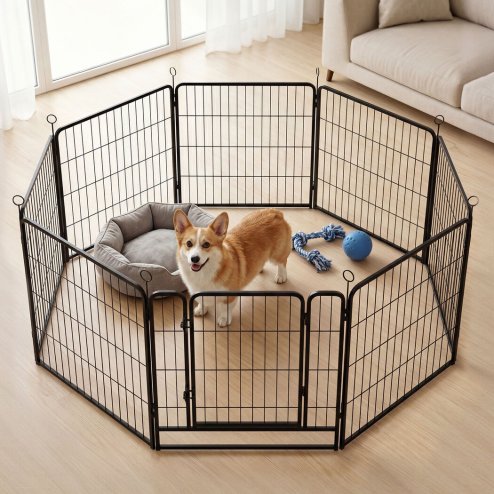 Skylos Dog Pen 8 Panel Steel Playpen Foldable Indoor Outdoor Pet Enclosure Black
