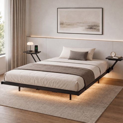 Levede Double Bed Frame Floating Design with Storage Shelves RGB Lights Black