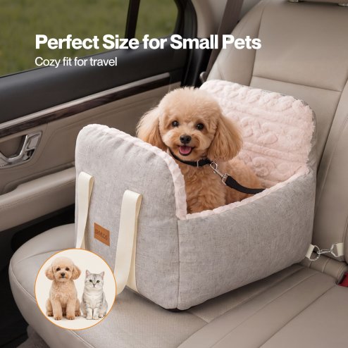 Skylos Dog Car Seat Safe Booster Bed Small Pets Travel Carrier Washable Beige