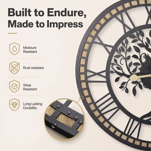 Yezi Wall Clock Silent Quartz Tree Design 40Cm Large Face For Living Room Black