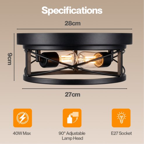 Emitto Ceiling Lights E27 Metal Cage Adjustable Heads Kitchen Fixture Black