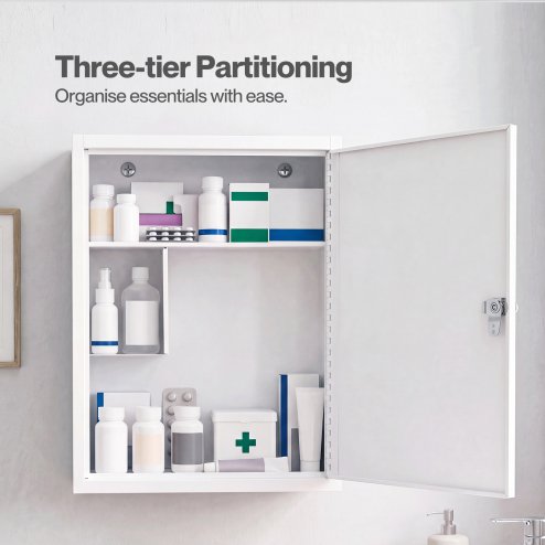 Levede Medicine Storage Box Lockable Steel Wall Cabinet 3-Tier White For Home Use