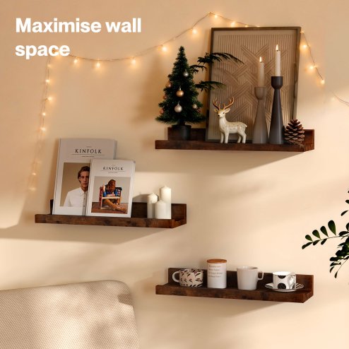 Levede Wall Shelves Set of 3 Floating Shelves High Edges For Living Room Brown