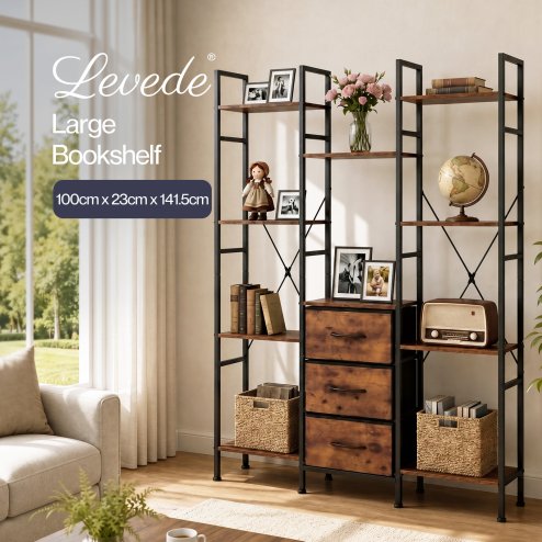 Levede Book Shelves 10 Open 3 Fabric Drawers Tall Storage Unit for Office Brown