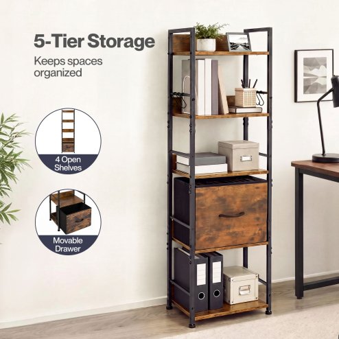 Levede Bookcase Drawer 5 Tier Slim Book Shelf Storage Unit Living Room Brown