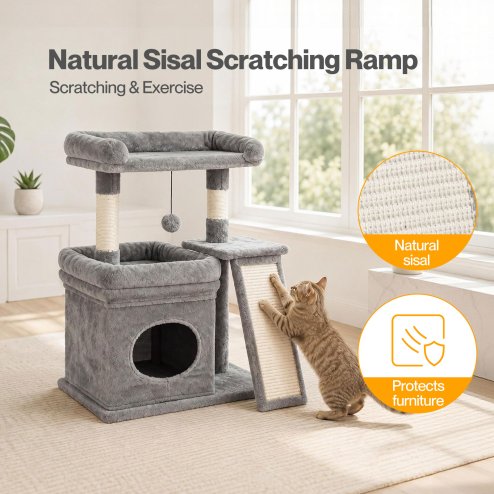 Skylos Cat Tree Tower Large Perch Condo Sisal Scratcher Indoor Felines Grey