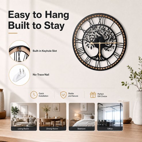 Yezi Wall Clock Silent Quartz Tree Design 40Cm Large Face For Living Room Black