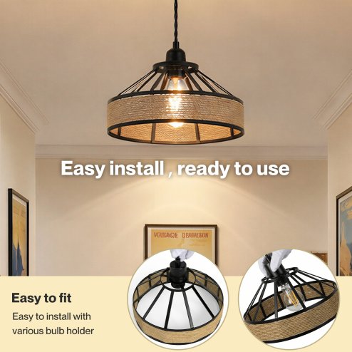 Emitto Modern Ceiling Pendant Light Shade Industrial Hemp Rope Lamp Shade 25cm
