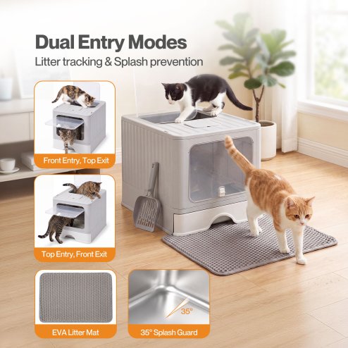 Skylos Cat Litter Box Stainless Steel Enclosed Drawer Odor Control Foldable Grey