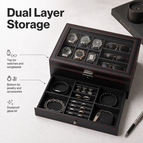 Watch Box Watch Storage Jewelry Box 2 Layer Glass Lid Lockable Display Black
