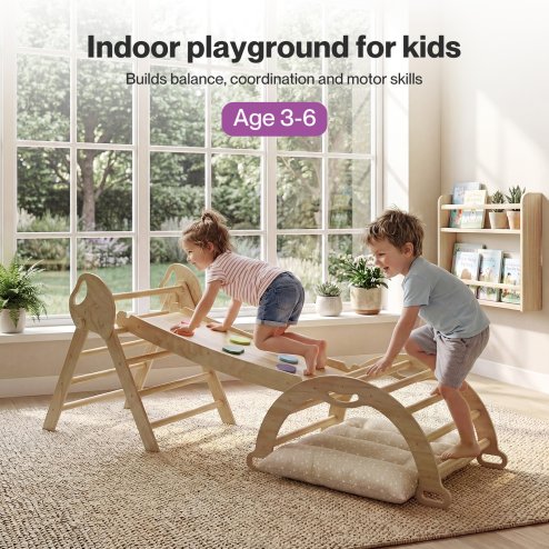 DEKKO 8 in 1 Triangle Climbing Set Kids Wooden Climber with Arch Slide Natural