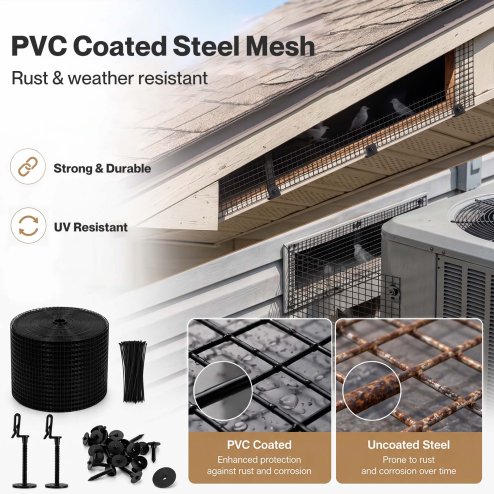 Mountview Bird Proofing Mesh Set PVC 60 Fixing Clips 30m for Solar Panel Black